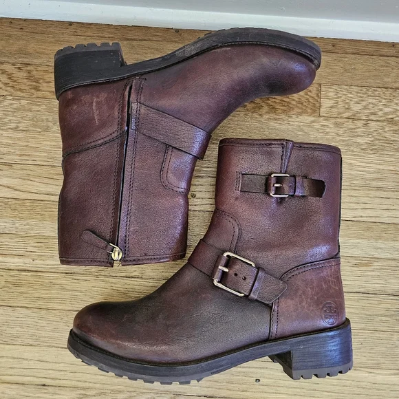 Tory Burch Chrystie genuine leather brown buckle moto boots chunky heel size 8.5 - Picture 4 of 11